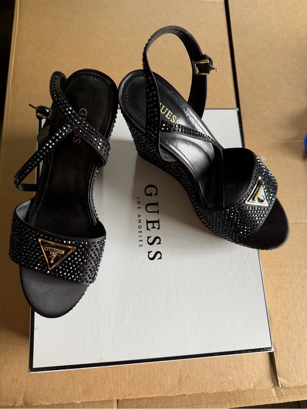 GUESS Black Crystal-Studded Open-Toe Slingback Heels with Gold Logo